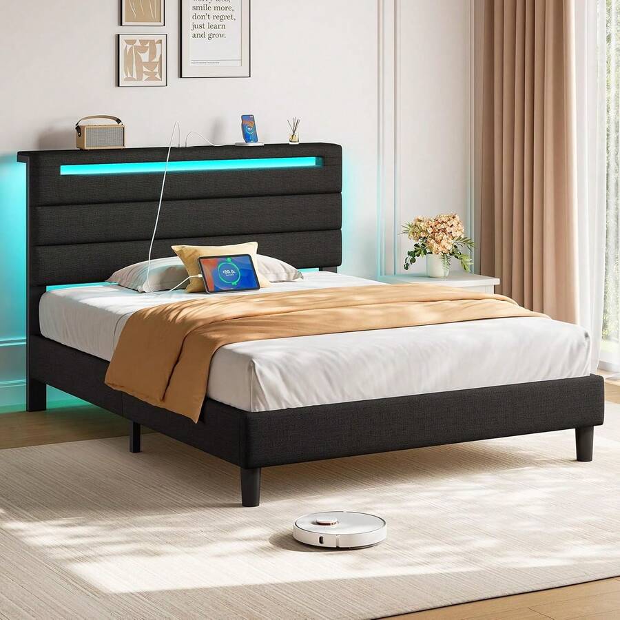 GREENSTELL Modern Platform Bed Frame, Twin/Full/King/Queen Size Bed Frame * Upholstered Headboards, With LED Lights & USB Charging Station, Easy Assembly, Bedroom Decor - 黑色 - 查看 1