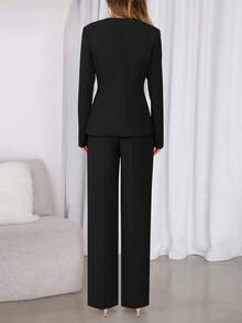 Women Two Piece Blazer Set Fall Casual Long Sleeve Blazer Jackets Wide Leg Pant Pockets Suits Autumn Fall Casual Formal Office Business Outfits - màu đen - Xem 3