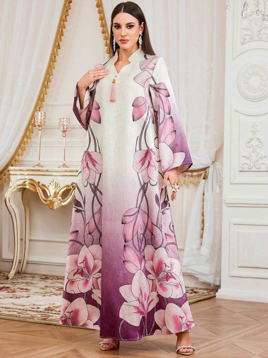 Women's Arabic Middle Eastern Ramadan V-Neck Long Sleeve Jacquard Print Dress With Tassel, Suitable For Eid Al-Fitr, Eid Al-Adha, Home Party, Date, Casual, Elegant Vintage Abaya