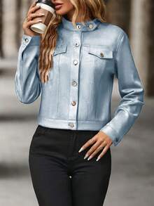 Fashionable Stand-Up Collar Long-Sleeved Jacket, Decorative Cover, Front And Center Buttons, Soft And Comfortable, Suitable For Spring And Autumn Seasons;Cropped Collared Single-Breasted Utility Jacket: Pocket Details For Casual Wear;For Texture Enthusiasts! Short Utility Jacket With Lapel + Pockets, Soft And Drapey Fabric, Suitable For Both Commuting And Going Out - Màu xanh lam - Xem 5