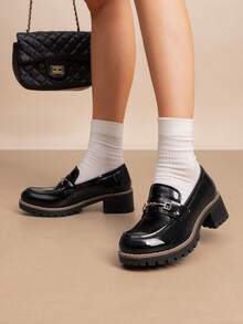 Women's Loafers Shoes Slip-On Chunky Platform Comfortable Dressy Business Casual Fashionable Flatform Loafers - ĐEN-PAT - Xem 3