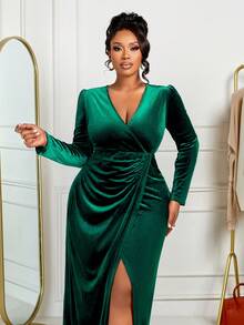 BIUBIU Women's Autumn/Winter Fashion Party Dress, V-Neck, Long Sleeve, Waist Cinched, Crossover Ruffle Hem Slit, Solid Color Velvet Mid-Length Dress