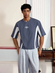 Áo thun nam tay ngắn dệt kim chắp vá thường ngày, phong cách đường phố, mặc hàng ngày - Màu xanh bụi bặm - Xem 4