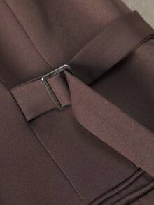 Brown Lace-Up Double-Breasted Women's Suit Jacket, Mid-Length Slim Fit Commuter Coat, Crisp Drapey Fabric, Elegant Casual Outerwear For Women Aged 25-45