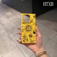 Cree un diseño con dos mitades de la cara de A delineadas en negro, que incorpora un patrón de bloques Un teléfono, esto es compatible con los modelos 16 Pro, 16, 15 Pro, 14, 14 Plus, 13, 13 Pro, 12 Pro y 12 Pro, ofrece una cobertura completa a prueba de golpes, un recorte grande, un marco elegante y brillante y mejorado. - Amarillo - Ver 4