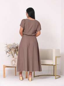 A-Line Midi Skirt Set With Pockets And Front Slit, Short Top With Buttons, Simple, Elegant Casual, Pocket, Wedding, Beach, Women's Fashion, Evangelical Fashion, Christian Fashion - 深棕色 - 查看 4