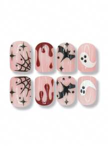 24 piezas de uñas cortas prensadas, manchas de sangre roja y telarañas negras de Halloween, murciélagos, fantasmas, diseños de puntos, uñas acrílicas prensadas, juego de arte de uñas. Adecuado para que las mujeres/niñas sean extravagantes, para fiestas, reuniones, uso diario, juegos de roles y otras ocasiones. Mejora tu estilo.