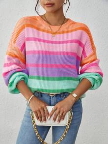 Women's New Winter Rainbow Striped Loose Knit Sweater - Multicolor - View 5
