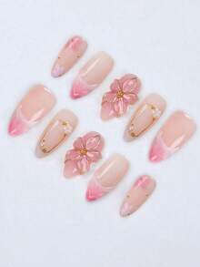 10 件装温柔甜美风格杏仁粉状腮红按压指甲，粉状腮红花朵设计，镀金边缘装饰和粉色渐变点缀纯手工美甲，夏季必备假指甲，适合日常佩戴、婚礼、派对和节日，是送给女士和女孩的最佳礼物 - 淺粉色 - 查看 4