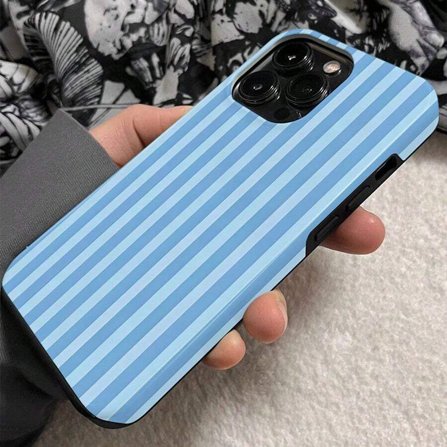 1 Unique 360 ° Blue Stripe Printed Phone Case - Cute And Minimalist 2-In-1 Design, Anti-Drop And Shock-Proof Full Coverage, Compatible With IPhone 16 Pro Max/16 Pro/16 Plus/16/15/14/13/12/11. Stylish And Cute - Ideal For Holiday Gifts - 藍色條紋 - 查看 1