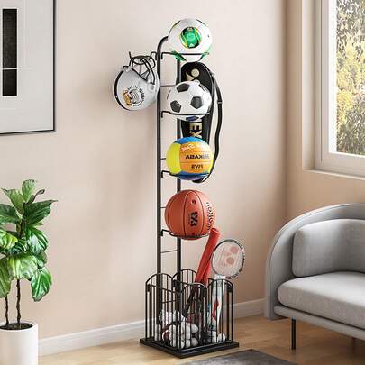 Almacenamiento de baloncesto, estante de bolas Vertical para garaje, soporte de bola deportiva de 4 bolas para baloncesto, fútbol, voleibol, fútbol, raquetas en garaje, interior, exterior, negro