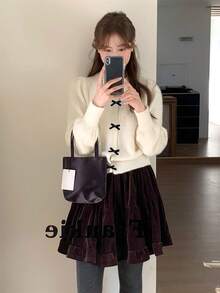 少女系列可爱早春新年蝴蝶结装饰外套灯笼袖长袖上衣秋冬早春搭配短裙小鞋子约会游乐园参观返校节 - 乳白色 - 查看 4