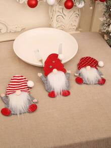 3/6pcs Christmas Table Setting Decorations With Gnome & Snowman Faceless Knife And Fork , Red & White Polka Fabric Protective Covers & Spoon Holder - Festive Cutlery Holders For Home & Restaurant Use, Durable Fabric Material, Easy-Clean Holiday Tableware (Knives/Forks Not Included) - Ideal For Christmas Parties & Everyday Dining - Adorable Gnome Characters With White Pom-Poms & Red Scarves, Seasonal Table Decor, Party Planners, Christmas Decor - Multicolor - View 3