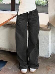 MYOURSA Quần Jeans Ống Rộng Baggy Cạp Thấp Phong Cách Đường Phố Thường Ngày Giặt Sạch Vintage - Màu xám đen - Xem 6