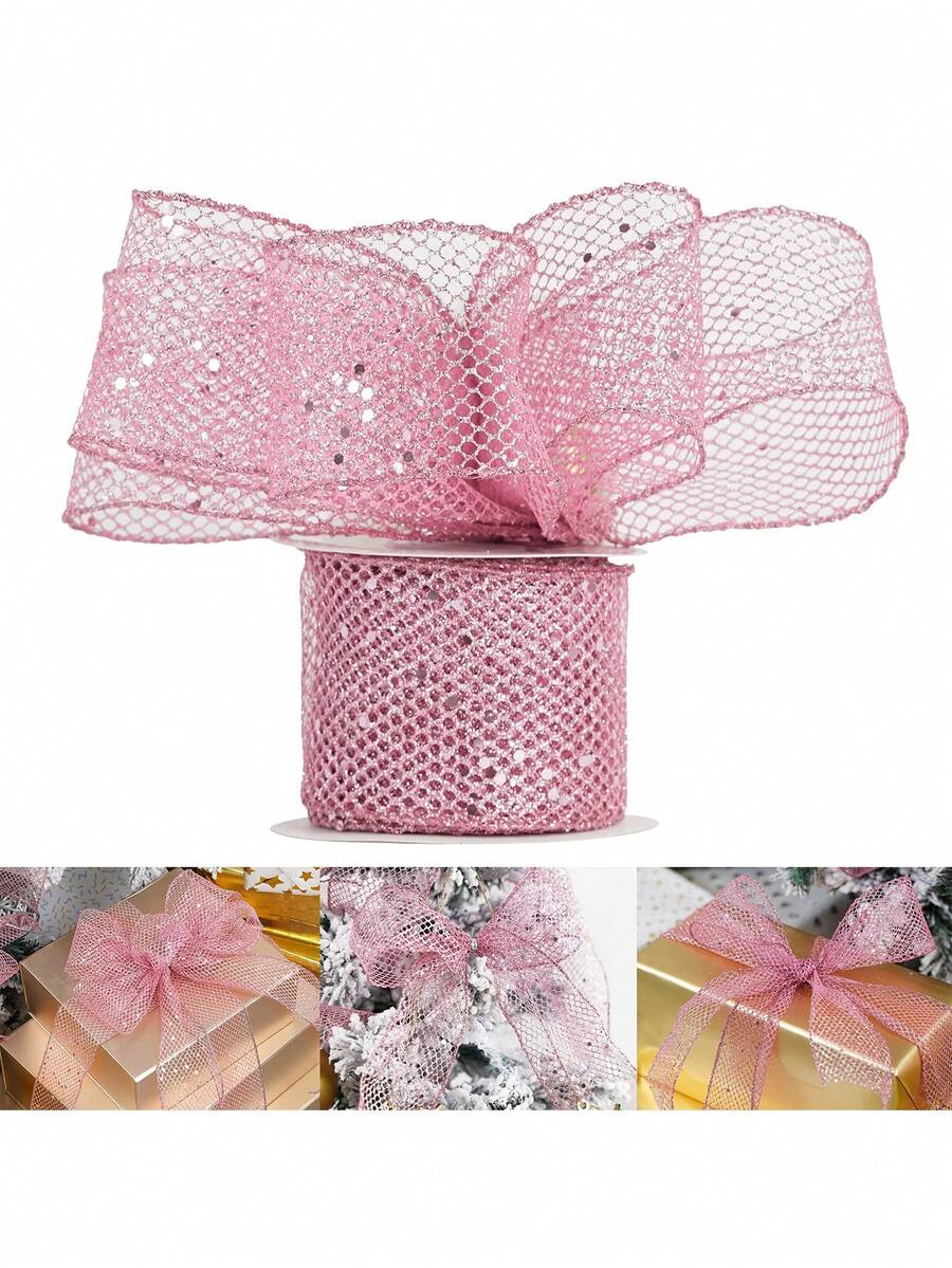1 dây ruy băng kim tuyến màu hồng Giáng sinh, dây ruy băng lưới Giáng sinh, dây ruy băng viền kim loại lấp lánh dùng để gói quà, làm vòng hoa trang trí đầu cây thông Noel, nơ trang trí nhà cửa, đồ thủ công DIY