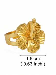 1pc Hibiscus Flower Rings For Women Girls Hawaiian Jamaica Madagascar Guam Island Jewelry - Gold - View 4