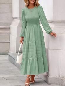 Womens Long Sleeve Fall Dresses Casual Crew Neck Smocked High Waist Tiered Flowy Maxi Dress With Pockets - 淺綠色 - 查看 4