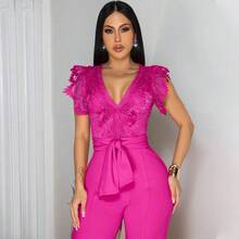 Women's Jumpsuit: Sexy V-Neck Sleeveless Solid Color - Tie-Waist Wide-Leg Pants - 黃色 - 查看 4