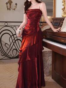 优雅复古酒红色正式派对礼服，适合母亲节婚礼 - 酒紅色 - 查看 2