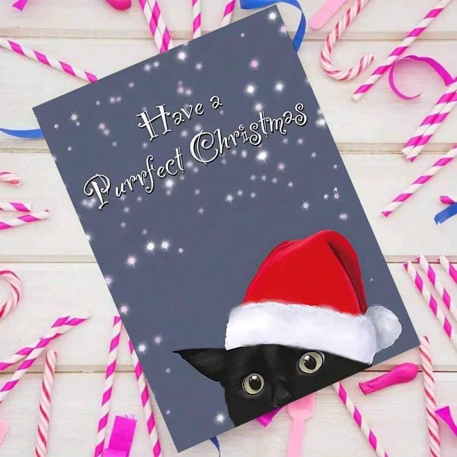 Christmas Greeting Card With Envelope - 1pc - "Have A Purrfect Christmas" Black Cat With Santa Hat Holiday Card For Anyone