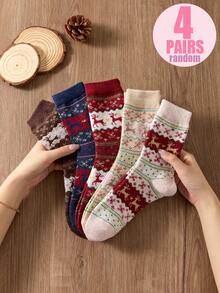 4 perechi de șosete de Crăciun pentru femei, până la jumătatea gambei, cu căptușeală din blană, cu model de reni (fără cutie cadou). Căptușeală îngroșată și pufoasă pentru vreme rece, textură moale și confortabilă din lână, stil versatil de sărbători - cadoul perfect de Crăciun pentru familii. Livrare aleatorie, fără cutii cadou.