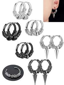 2 件朋克风格不锈钢丝圈形耳环，男女通用，日常佩戴 - 1對耳圈 - 查看 13