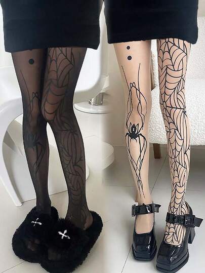 1 双裸色万圣节女式渔网紧身裤，薄蕾丝蜘蛛网哥特式 AB 连裤袜，蜘蛛条纹交叉紧身长袜，Y2K 性感黑色紧身袜