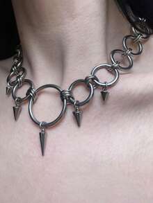 1pc Geometric Hoop Rivet Necklace, Fashionable Sweet Y2K Punk Stainless Steel Necklace Suitable For Men And Women, Daily, Party, Performance, Music Festival, 2025 Autumn/Winter New Jewelry Gift - 銀色 - 查看 3