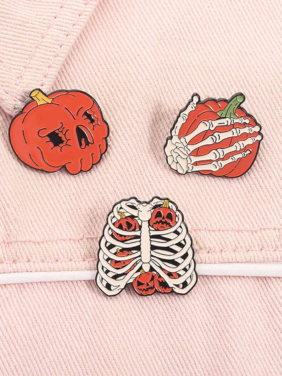 3Pcs Pumpkin Skeleton Enamel Pins Halloween Spooky Season Skeleton Hand Brooches Lapel Badge Fashion Jewelry Gifts For Friends