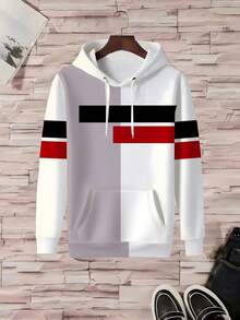ZhuYa 撞色条纹图案搭配加大码男士连帽衫套装，春秋冬运动两件套 - Ins 风格加大码宽松连帽运动衫 + 抽绳运动裤，街头嘻哈百搭 - 彩色 - 查看 3