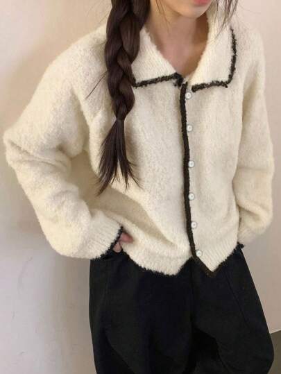 韩版秋冬新款复古毛绒领针织套头开衫短款外套