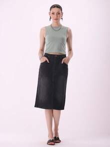 Sariyo's Women's Denim Skirt | Western Style For Work & Daily Wear | Easygoing Style | Everyday Fashion  Plain    Elegant  Casual    Zipper  Pocket  Button    Dating  Night Out  Vacation - 黑色 - 查看 8