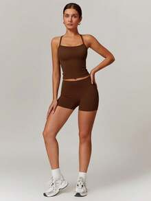 Women's Yoga Outfits Backless Strappy Sports Bra And High Waisted-Lifting Shorts Matching Workout Set - Hồng 1 - Xem 10