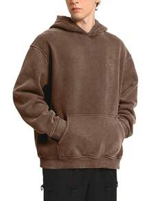 FAIABLE Mens Hoodies Oversized Unisex Wash Hoodie Heavyweight Fleece Vintage Cotton Sweatshirt Men Women Streetwear - 棕色 - 查看 3