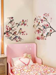 1PC/2pcs Removable PVC Wall Decals – [Pink Peach Blossom Branches, Green Plants, Cherry Blossom Birds]Self-Adhesive Waterproof Wall Stickers For Home Decor, Room Decor, Wall Decor, And Kitchen – Easy To Apply, Ideal For Living Room, Bedroom, Or Office