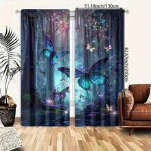 2pcs Enchanting Blue Butterfly Forest Curtains - Durable Polyester Fiber, Digital Printing, Vibrant Colors, Pole Bag Design, Easy To Hang, Fade Resistant, Ideal Choice For Living Room Decoration