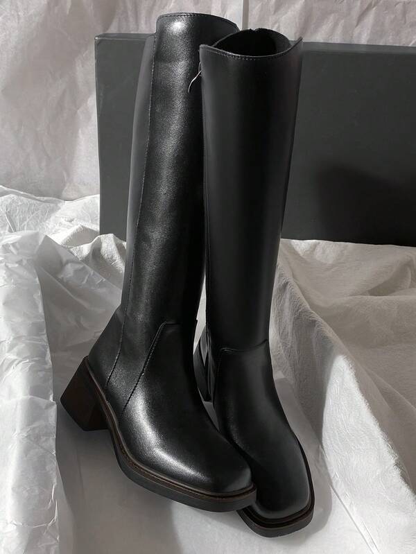 Fall/Winter 2025 New Leather Mid-Heel Over-The-Knee Riding Motorcycle Boots, Simple & Versatile High Shaft Boots For Women, Black