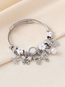 1pc Women's Versatile Beaded Bow Adjustable Bracelet, European & American Style - Silver - View 5