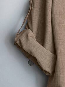 大码女式纯色不对称领时尚卷袖长袖衬衫，配系带，适合所有季节，春季款 - 卡其色 - 查看 4