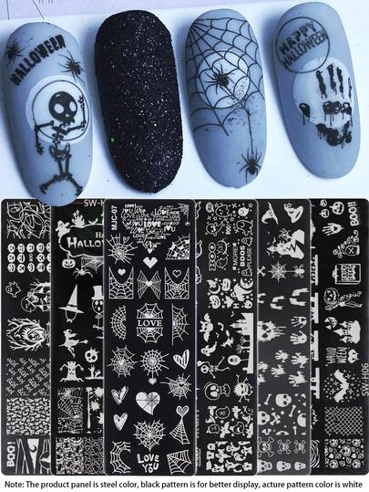 1pc/5/6pcs Christmas Nail Art Stamping Plate, Cartoon Ghost Heart Spider Web Bat Pumpkin Magician Print Zebra Print Plaid Animal Print Geometric Line Love Heart Design Y2k Style Printing Template Nail Art Accessories Tools Nail Salon
