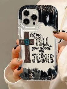 Religious Cross Design With Turquoise Flower And Inspirational Quote "Let Me Tell You About My Jesus" Transparent Personalized UV Printed Phone Case Suitable For IPhone 16/16Plus/16Pro/16ProMax 13/13Pro/13ProMax 12/12Pro/12ProMax 11/11Pro/11Pro Max 7/8 X/Xs - 透明 - 查看 5