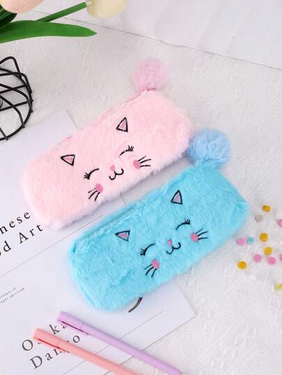 1pc, Polyester Pencil Case, Cat Pattern, Cute, Solid Color, Plush Feel, Cat-Like Pencil Case, , Portable Storage Bag, Cosmetic Bag, School Supplies, Back To School , Valentine's Day, Halloween, Christmas, Thanksgiving, Birthday, Back To School Season Gifts, High-End Custom Pencil Pouch