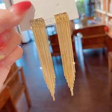 Golden Metal Chain Tassel Design Dangle Earrings Elegant Bling-Bling Style Copper 18K Gold Plated Jewelry Female Gift - 金色 - 查看 2