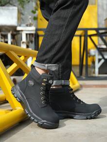 Men's Solid Color Classic High Top Plain Toe Steel Toe & Puncture Proof Safety Boots, Comfy Non Slip Durable Lace Up Work Shoes, Men's Constructional & Industrial Footwear - Black - View 6