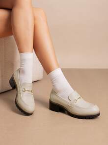 Women's Flatform Loafers 1.8 Inch Chunky Heel Comfortable Slip-On Pumps Dressy Business Casual Fashionable Platform Loafers Shoes - Màu be - Xem 4