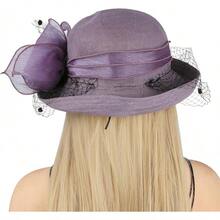 Womens Flower Church Derby Hat With Fascinator Wedding Bridal Tea Party Hats Bowler Cloche Bucket Hat - Purple - View 4