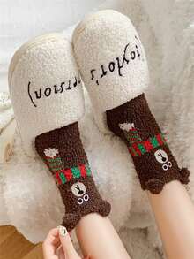 1 双女士舒适纯色温暖柔软毛绒绒围巾缝线熊刺绣舒适蓬松踝袜长袜