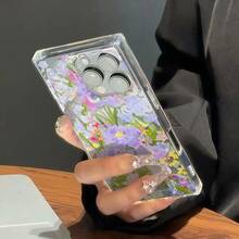 Funda para celular fabricada en TPU con un diseño de flor morada y cubos grandes, compatible con phone 12 a 16 Pro y Plus. Ofrece un acabado brillante y resistencia a caídas, perfecta para fiestas o cumpleaños. - transparente - Ver 2