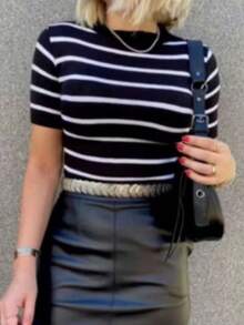 Women's Modal Knit Blouse With Short Sleeve Striped - 黑色 - 查看 1
