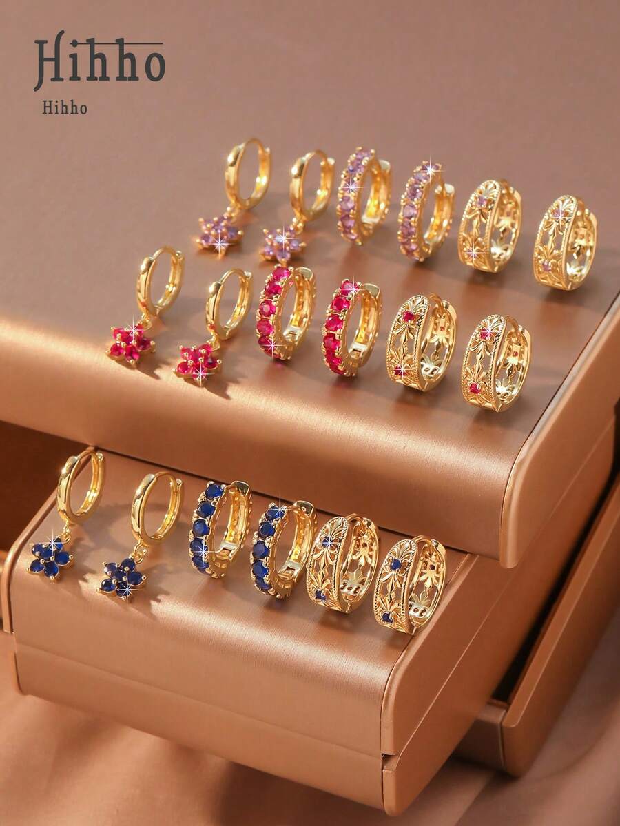 Hihho 6 件/套独特的铜色几何石花、泪珠耳环、心形环首饰套装、复古镂空花卉设计、优雅配饰，适合女性日常、节日、派对、约会、圣诞节首饰 - 金色 - 查看 1